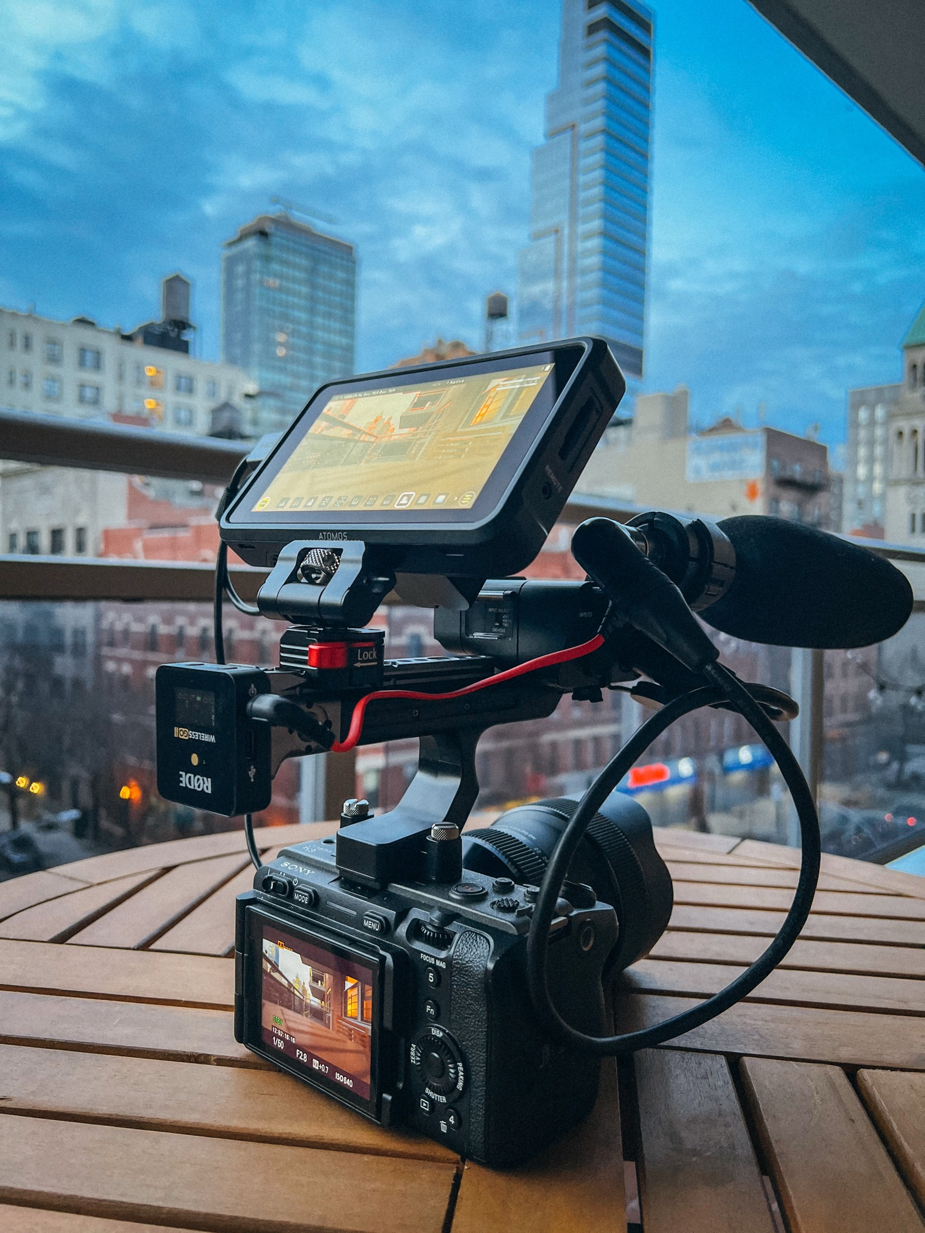 Camera rig on NYC rooftop at dusk