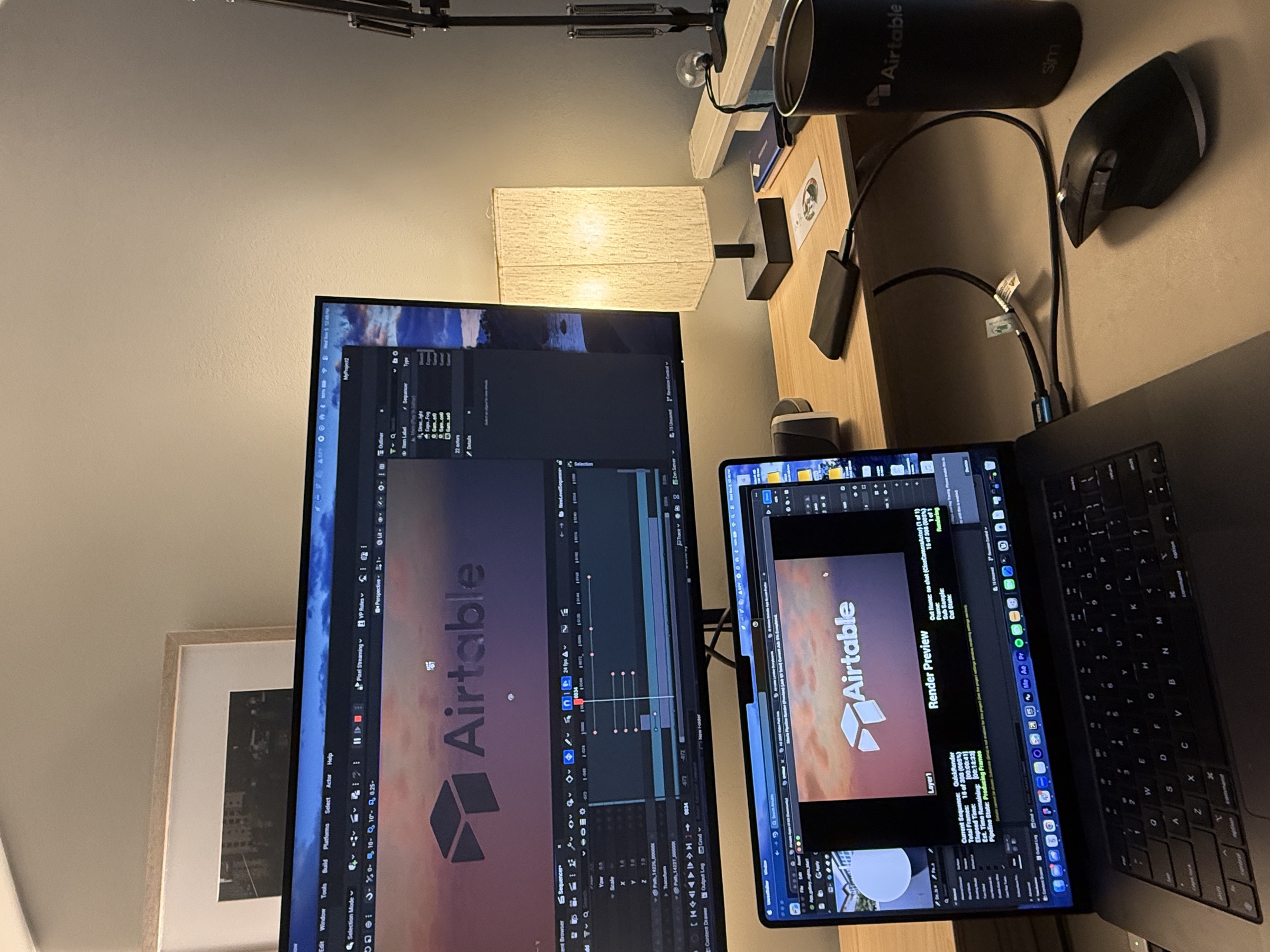 Dual monitor edit station with Airtable 3D render