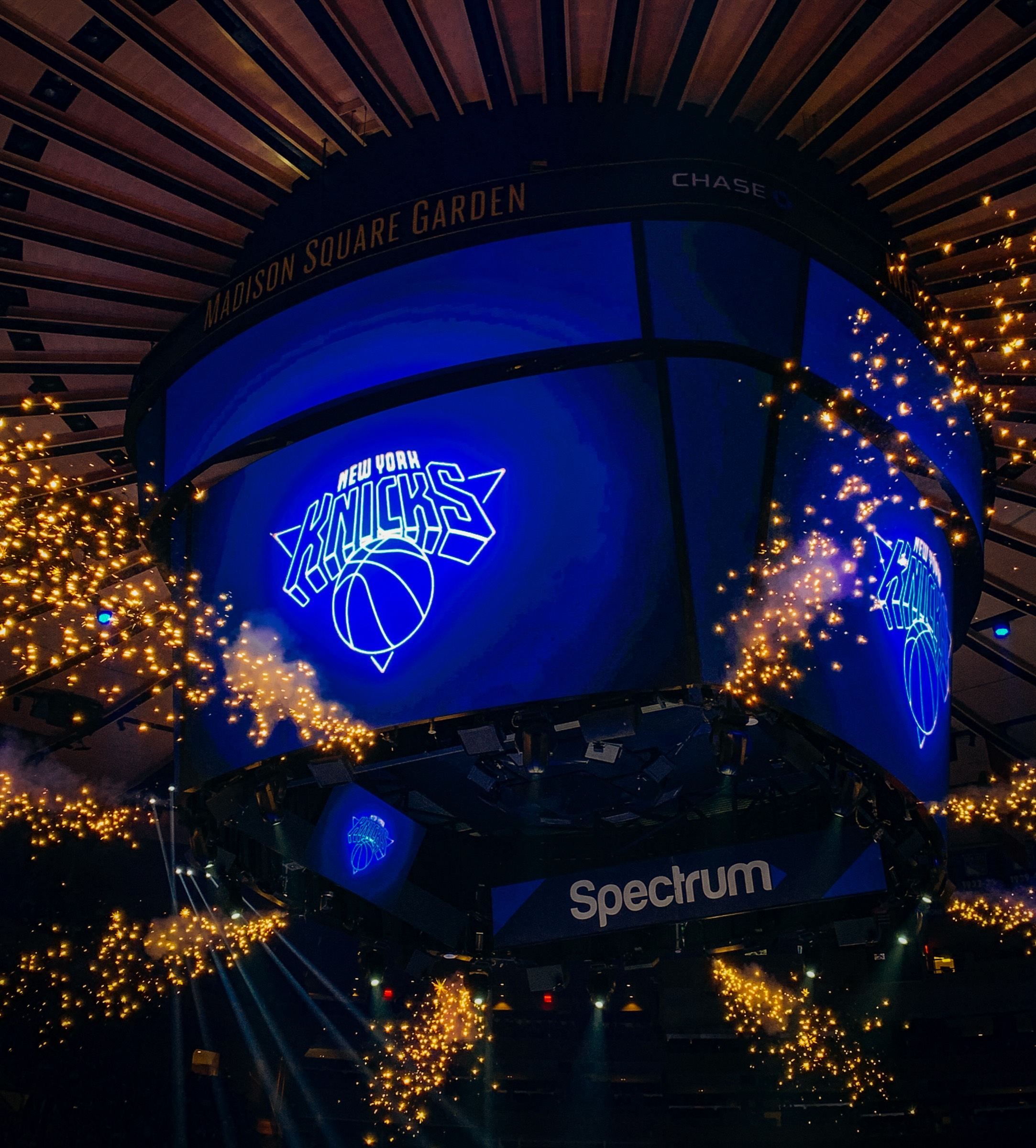 MSG jumbotron with pyrotechnics